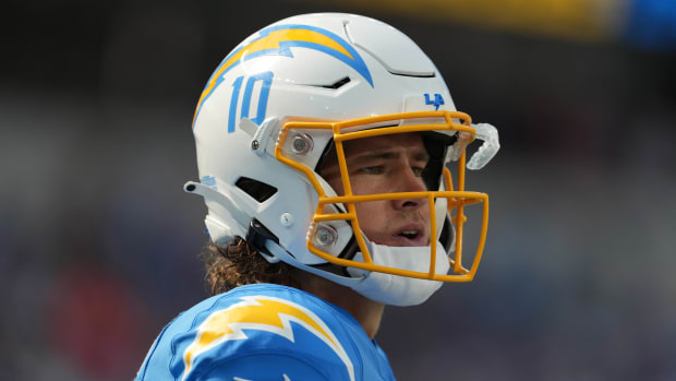 Sep 11, 2022; Inglewood, California, USA; Los Angeles Chargers quarterback Justin Herbert (10) reacts in the second half against the Las Vegas Raiders at SoFi Stadium. Mandatory Credit: Kirby Lee-USA TODAY Sports